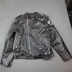 Wilsons Leather Jacket Mens XL Black Motorcycle Biker POW MIA Patch Belted